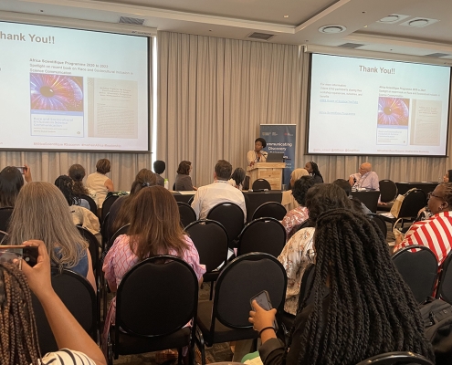 Rejoyce Gavhi-Molefe from the African Institute for Mathematical Sciences (South Africa) presents on advancing science communication in Africa, focusing on reframing Afrocentric perspectives.